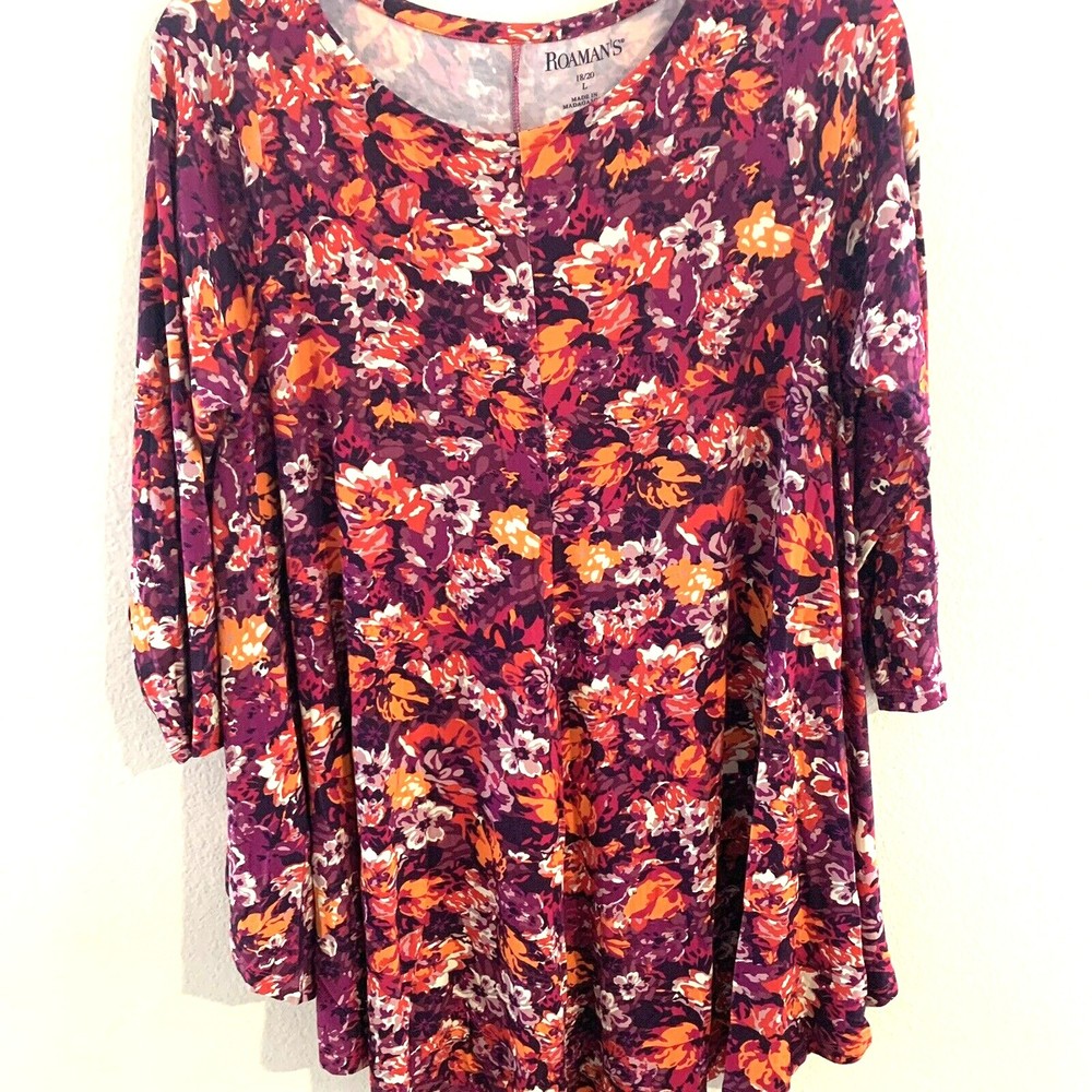 Roaman’s Tunic Shirt Top Large 18/20 Plus Pink Purple Pink Purple Floral